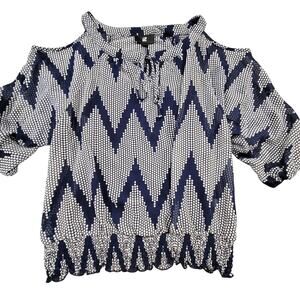 iZ Byer Blue Chevron Stripe Shirt Cold Shoulder Short Sleeve Blouse Women Size M